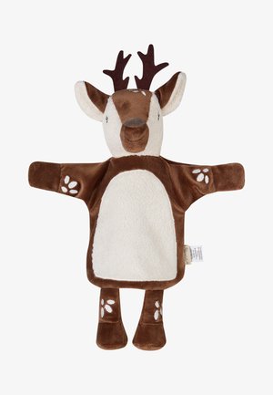 Plush brown and white reindeer hand puppet with outstretched arms, small antlers, and paw print details on limbs.