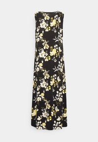 Svart ärmlös klänning med gult och vitt blommönster, flödande design, knä-lång, tillverkad av mjukt tyg med en slät textur.