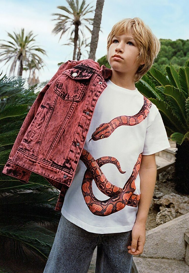 Giacca di jeans rossa lavata acido, tenuta in alto accanto a una maglietta bianca con una grande grafica di un serpente. Indossata con jeans di denim grigio.
