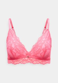 Ροζ δαντελένιο μπραλέτο με ρυθμιζόμενους ιμάντες, λουλουδάτο μοτίβο, κυματιστά πλαϊνά και μικρό καρδιάς κόσμημα στο κέντρο μπροστά.