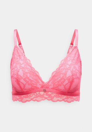 Pink lace bralette with adjustable straps, floral pattern, scalloped edges, and small heart-shaped charm at center front.