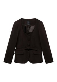Veste blazer longue noire pour femme à manches longues avec encolure ronde, quatre boutons sur le devant, taille ceinturée et deux poches à rabat à l'avant.