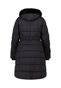 Zwarte gewatteerde jas met een bont-gevoerde capuchon, een ceintuur in de taille, een gestikte structuur en lange mouwen. De achterkant toont een gladde, gestroomlijnde silhouet.