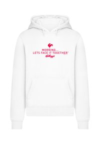 Weißer Kapuzenpulli mit einer Fronttasche. Mit rotem Text "MORNING... LET'S FACE IT TOGETHER™" und dem Kellogg's-Logo. Weicher Stoff.