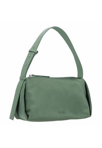 Groene leren schoudertas met een enkele verstelbare schouderband, voorzien van een ritssluiting aan de bovenkant en een kenmerkend geplooid ontwerp. Calvin Klein-logo geëtst.