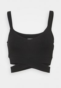 Bralette nera cropped con spalline regolabili, caratterizzata da un design avvolgente nella parte anteriore. Realizzata in un tessuto liscio e stretch.