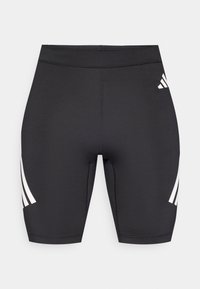 Czarne sportowe spodenki o dopasowanym kroju. Po bokach trzy białe paski oraz małe logo z tyłu. Gładka faktura.