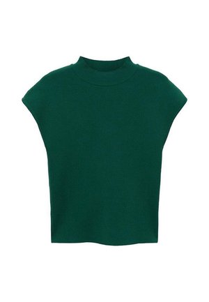 Zelený pletený top s vysokým stojačkem, krátkými rukávy a volným střihem. Tkanina má hladkou strukturu a čistý, jednoduchý design.
