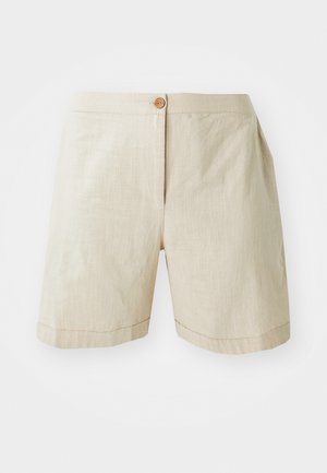 Μπεζ λινές σορτς με κλείσιμο τυριχού, χαλαρή εφαρμογή και γυρισμένα στρίφωματα. Απαλή υφή με διακριτό, υφαντό σχέδιο.