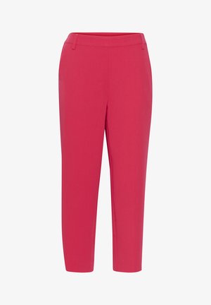 Pantalon ajusté rose vif avec une coupe droite, en tissu texturé et une taille lisse. Convient pour un usage décontracté ou au bureau.
