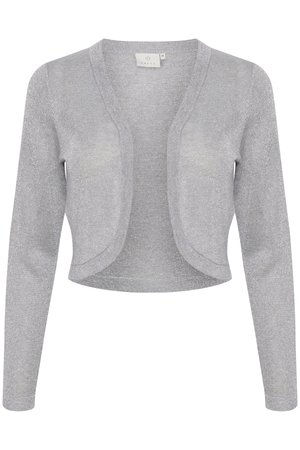 Cropped light gray cardigan with a soft, shimmering texture, V-neckline, and long sleeves. Front edges feature a rounded finish.