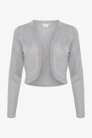 Cardigan léger gris clair coupé avec une texture douce et scintillante, décolleté en V et manches longues. Les bords avant présentent une finition arrondie.