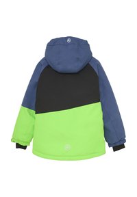 Färgglad vinterjacka med en design i blått, grönt och svart, med huva, elastiska ärmslut och en logotyp på bakre nederkant.