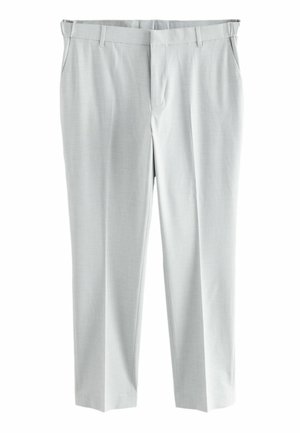 Light gray tailored trousers made of smooth fabric, featuring a flat front, belt loops, and a straight leg design. No visible patterns.