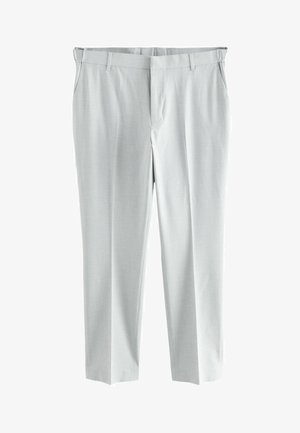 Light gray tailored trousers made of smooth fabric, featuring a flat front, belt loops, and a straight leg design. No visible patterns.