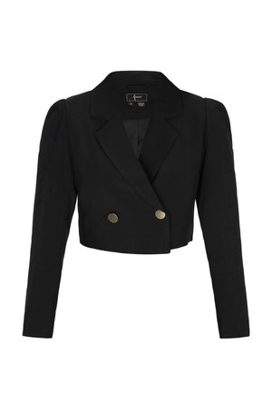 Czarna krótka marynarka z długimi rękawami, szerokim krawatem i dwoma złotymi guzikami z przodu.