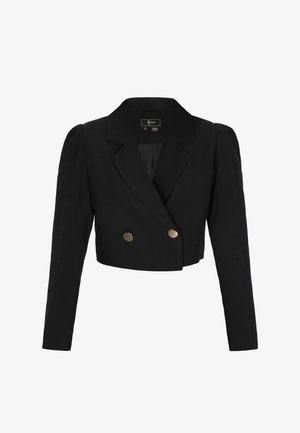 Musta lyhyt bleiseri, jossa pitkät hihat, leveä kauluskäänne ja kaksi kultanappia edessä.