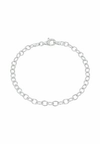 Pulsera de cadena de plata que presenta eslabones redondos y ovalados alternos, asegurada con un cierre de langosta, con una textura suave y un acabado pulido.
