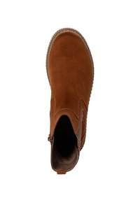 Brown suede ankle boot featuring a side zip, textured elastic panel, and a rubber sole with stitched detailing.  Smooth inside lining.