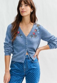 Next REGULAR FIT - PEARL BUTTON - Adīta jaka - blue chambray floral embroidery