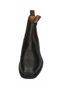 Schwarze Leder-Stiefelette mit elastischen Seitenpanelen, Zugschlaufen und glatter Oberfläche. Robuste Sohle und runder Zehenbereich.