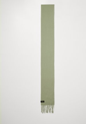 Light green scarf made of soft fabric, featuring fringe ends and a small black label with logo at one corner. Rectangular shape.