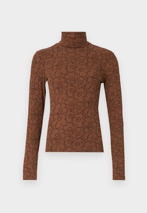 Brown long-sleeve turtleneck top featuring a floral pattern in black. The material is ribbed, offering a textured appearance.