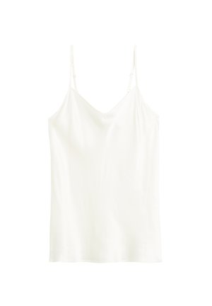 Witte cami top van soepel materiaal met dunne verstelbare bandjes en een V-vormige halslijn. Eenvoudige, rechte silhoeët.