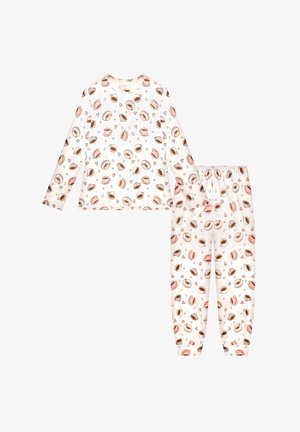 Long-sleeve white pajamas with matching pants, featuring a pattern of brown and pink coffee cups and small hearts.