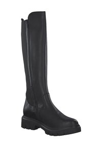 Botas negras hasta la rodilla hechas de cuero suave, con cremallera lateral y suela de goma texturizada para mayor tracción.