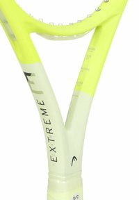Tennis racket with a bright yellow and white frame, textured grip, and printed specifications on the shaft. Features an open throat design.