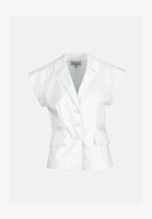 Witte mouwloze blazer met drie knopen aan de voorkant, reverskraag met inkeping en twee klepzakken op taillehoogte, maat small.