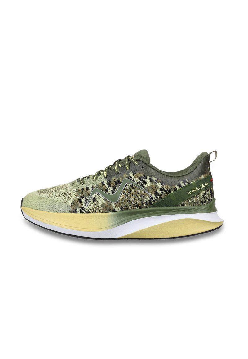 Green athletic shoes with a textured, patterned upper, featuring a yellow midsole and black outsole; includes prominent branding on the heel.