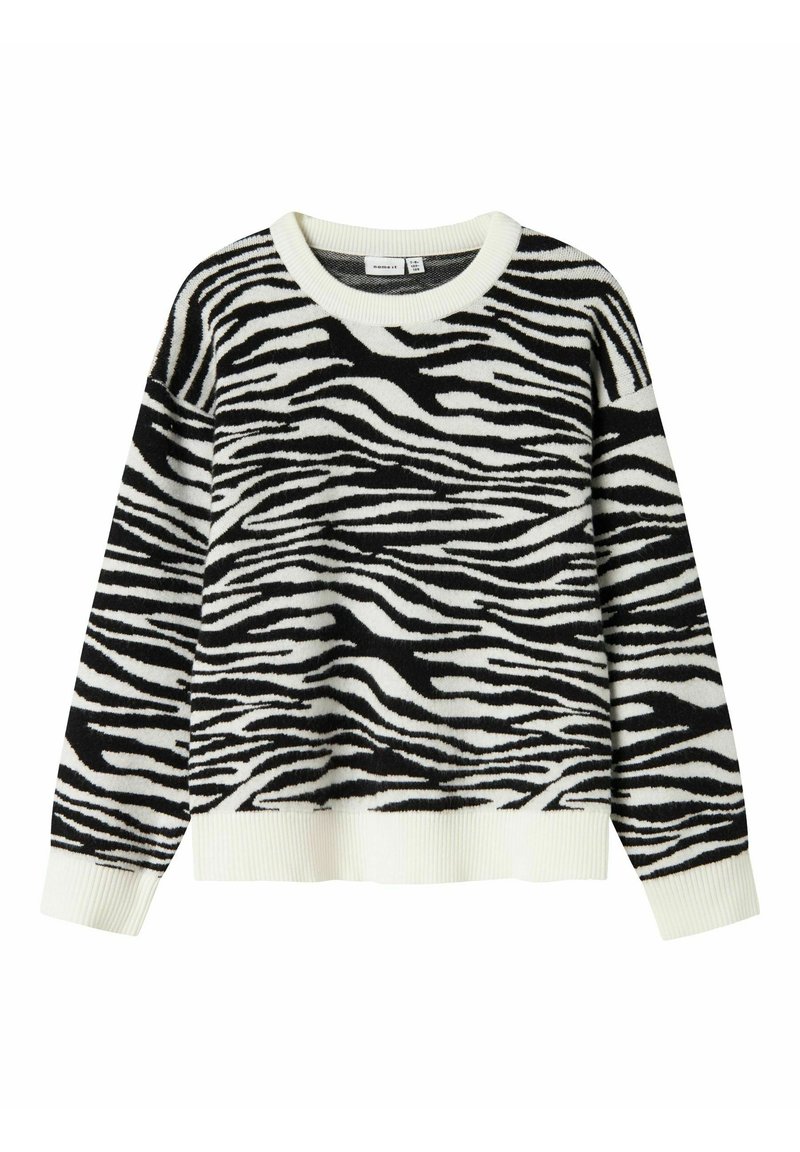 Maglione a righe bianche e nere con una texture morbida, scollatura rotonda e polsini e orlo a coste. Presenta un motivo a zebra su tutto il capo.