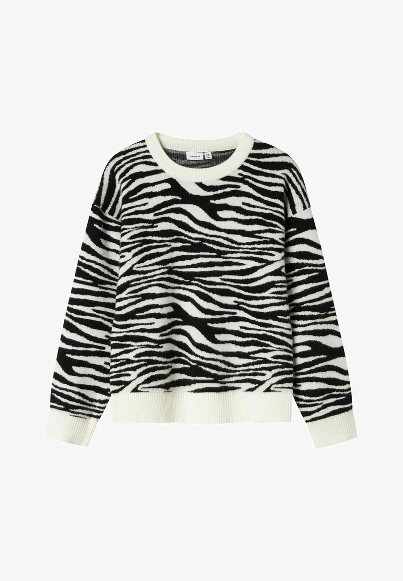 Gestreifter Pullover in Schwarz-Weiß mit weicher Textur, rundem Ausschnitt und gerippten Manschetten und Saum. Überall mit einem Zebramuster versehen.