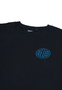 Black cotton t-shirt with a round neckline, featuring a blue oval logo centrally placed on the chest. Smooth texture, regular fit.