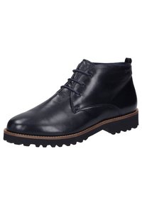 Bottines en cuir marine avec une finition lisse, dotées d'un laçage, d'une semelle en caoutchouc durable avec adhérence et de coutures contrastées marron.