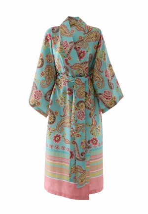 Türkisfarbener Kimono-Bademantel mit Blumen- und Paisley-Muster, weiten Ärmeln, Taillengürtel und mehrfarbig gestreiftem Saum mit pinkem Rand.