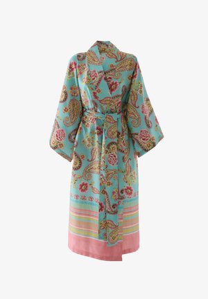 Türkisfarbener Kimono-Bademantel mit Blumen- und Paisley-Muster, weiten Ärmeln, Taillengürtel und mehrfarbig gestreiftem Saum mit pinkem Rand.