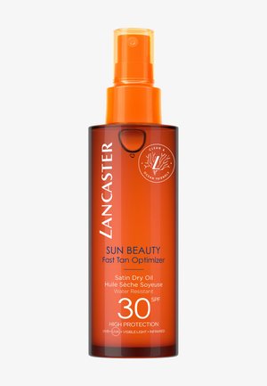 Spray d'huile sèche satinée Lancaster Sun Beauty SPF 30 pour une optimisation rapide du bronzage, résistant à l'eau avec une haute protection UV et infrarouge.