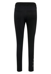 Svarta leggings av mjukt material, med en bred, elastisk midjeband och ett mönstrat accent längs vänster sida.