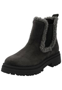 Dunkelgraue Wildleder-Stiefelette mit einem strukturierten, flauschigen Kragen und einer dicken schwarzen Gummisohle mit einem robusten Profil.