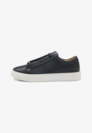 Leather sneaker, navy blue, low-top design with white rubber sole. Features elastic laces and textured upper with subtle stitching accents.