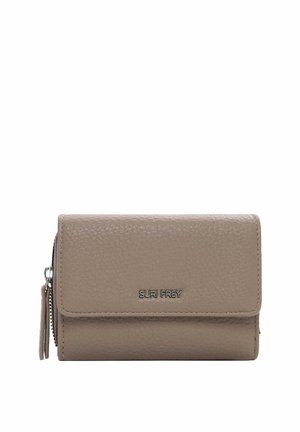 Beige wallet made of textured leather with a zippered compartment, fold-over flap, and metallic logo accent. Rectangular shape.