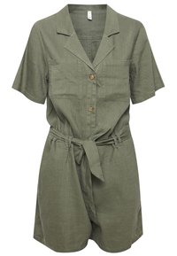 Olivgrüner Leinen-Overall mit kurzen Ärmeln, zwei Brusttaschen, Knopfverschluss, Taillenzug und lockerer Passform.