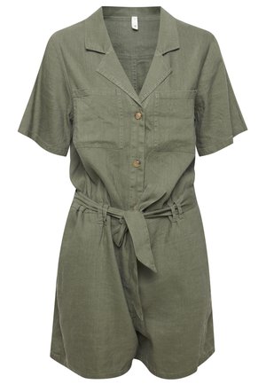 Olive rohelise linane jumpsuit lühikeste varrukatega, kahe rindkoti, nööbiga esiosa, vöökoha sidumisvõimalusega ja lõdva lõikega.