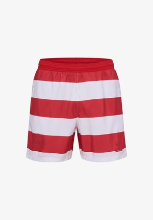 Pantaloncini a righe rosse e bianche con vita elastica. Presentano un dettaglio del logo in rilievo sul lato inferiore sinistro. Realizzati in materiale leggero.