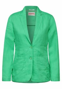 Zelený lněný blazer s klopovým límcem, dvěma předními kapsami a zapínáním na dva knoflíky. Disponuje hladkou texturou a přiléhavým střihem.