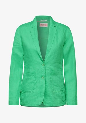 Zielona lniana marynarka z klapami, dwoma przednimi kieszeniami i zapięciem na dwa guziki. Charakteryzuje się gładką fakturą i dopasowanym krojem.