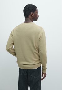 Tan gebreide trui met een ronde hals, geribbelde manchetten en zoom, en een losse pasvorm. Draagt over donkere jeans, gezien vanaf de achterkant.